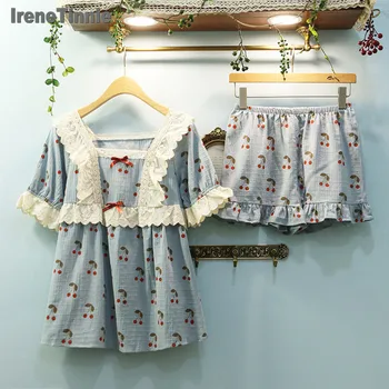 

Irene Tinnie Women Cute Lolita Costume Pajamas Set Cotton Jacquard Short Sleeve Vintage Lace Sleepwear Female Loungewear