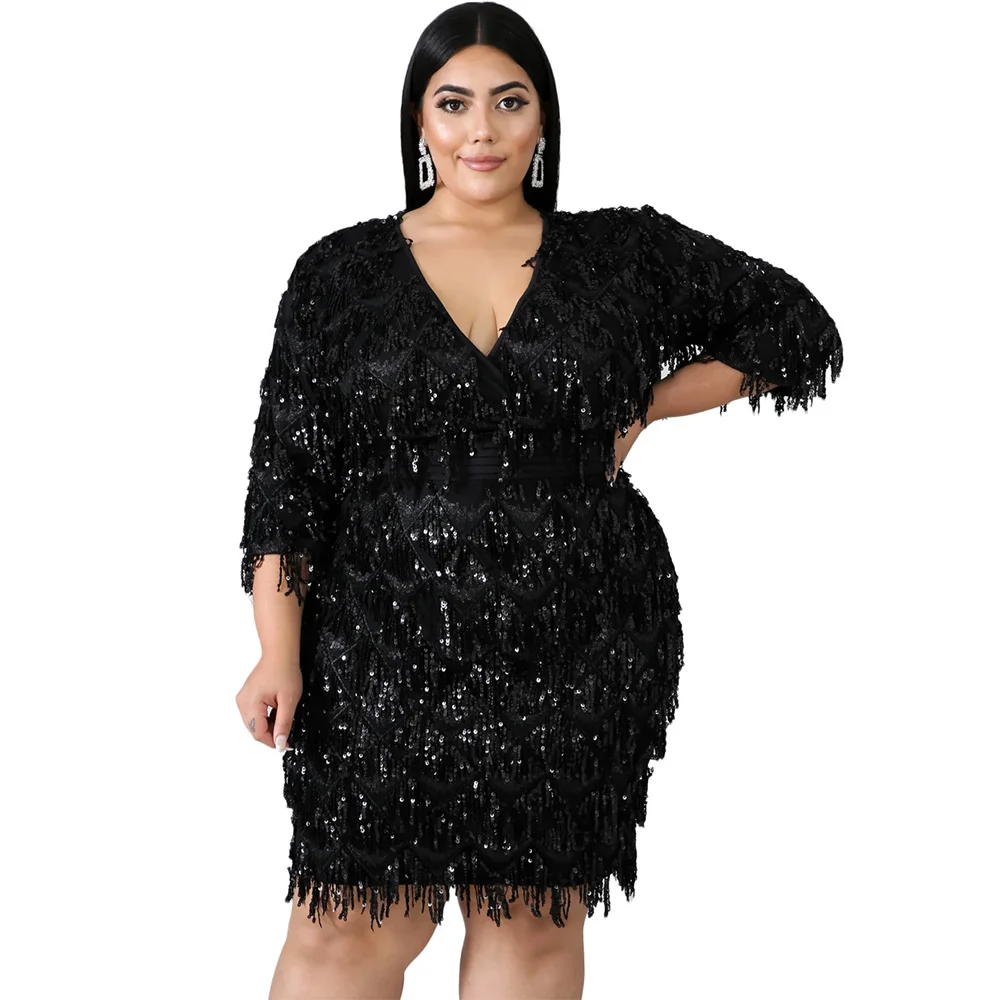 Black Glitter Dress Элегантные блестящие платья с кисточками, женские сексуальные Клубные вечерние платья с v-образным вырезом размера плюс 5XL 6XL, облегающее платье Женский, платье с блестками на молнии сзади платья больших размеров - Цвет: Black Glitter Dress