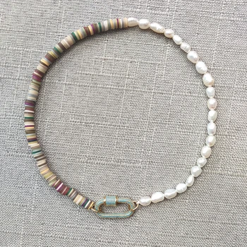 

Handmade fashion spiral buckle pendant necklace colorful silicone freshwater pearl stitching choker for women charm accessories