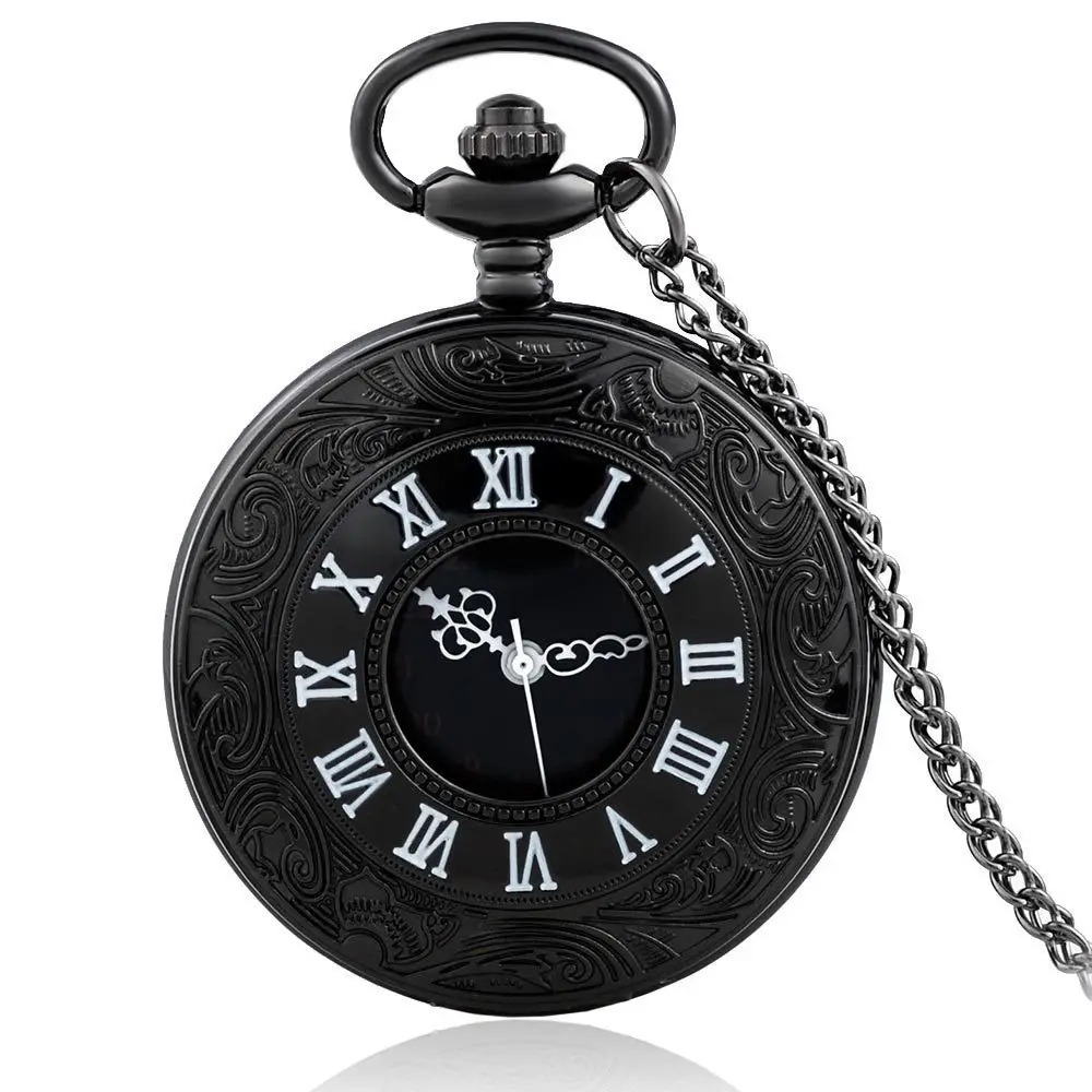 

IBEINA Black Color Hollow Pocket Watch Theme Full Hunter Quartz Engraved Fob Retro Pendant Pocket Watch Chain Gift