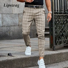 2021 wiosna moda w kratę drukowana ołówek spodnie dla mężczyzn Vintage średnio wysoka talia przycisk spodni mężczyzna lato Casual długie spodnie Streetwear