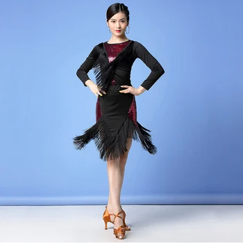 

New 2020 Women Dance Clothes Salsa Samba 2 pieces Set Fringes Dress Saxy Latin Costume Sequins Top and Skirt