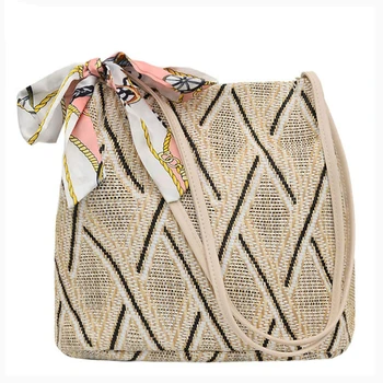 

Summer Bucket Bag Women Vintage Beach Straw Bag Fashion Korean Version Shoulder Women Bag Ethnic Style Ribbon Messenger Bag