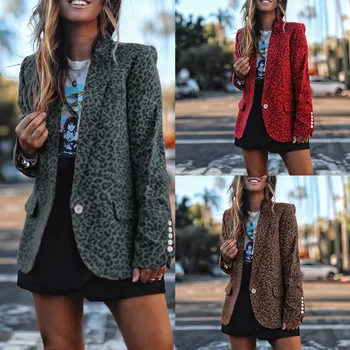 

Women Leopard Print Blazer Long Sleeve Work Office Lady Slim Outwear Coat NIN668