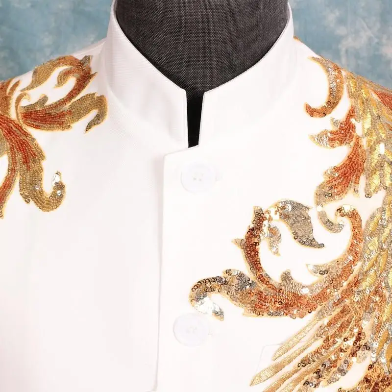 (Jacket+Pants) Chinese Style Men's Suits Sequins Embroidery Blazers Stand Collar Tuxedo Dress Singer Host Stage Costume 2 Pieces