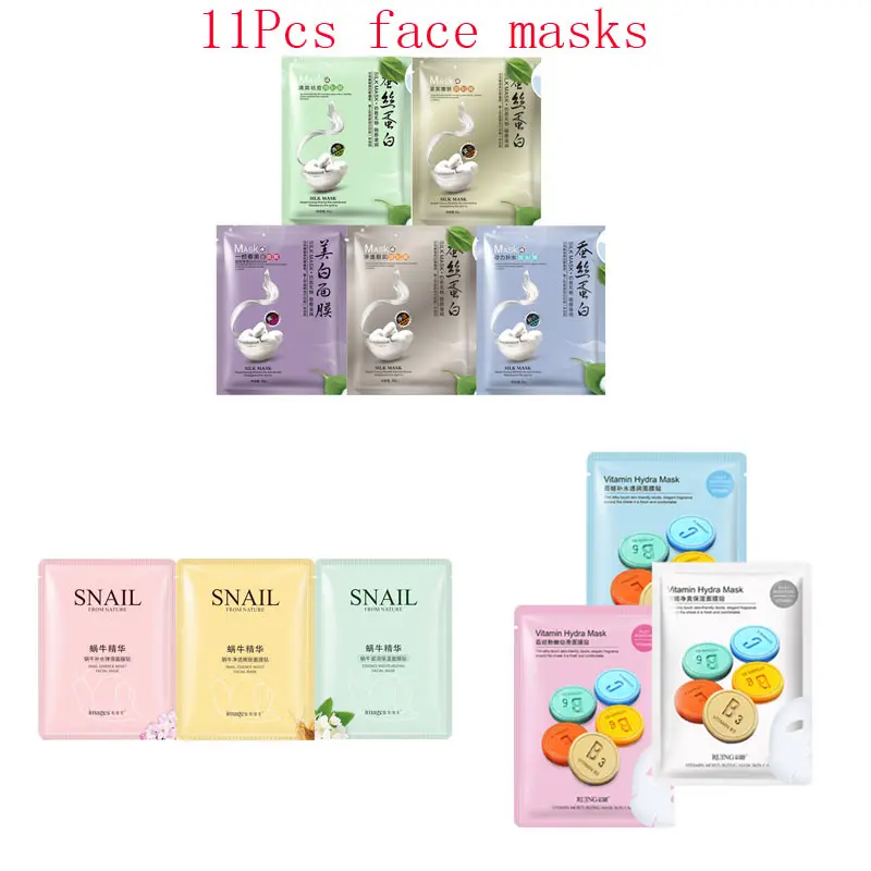 

11Pcs mixed Silk protein snail essence vitamin Face Mask extraction Moisturizing Whitening Anti-Aging Facial Masks skin care