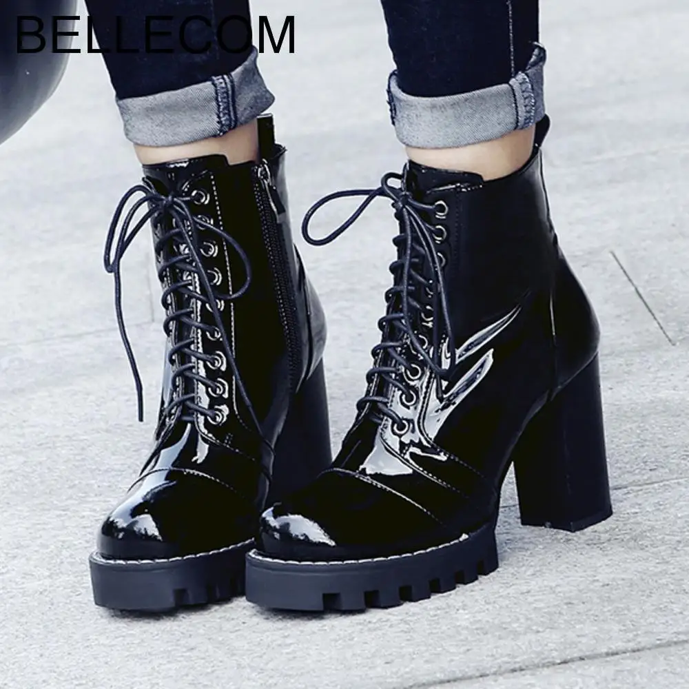 

BELLECOM Circle Head Coarse With Waterproof Platform High With Martin Woman Genuine Leather Chalaza Short Boots Patent Leather