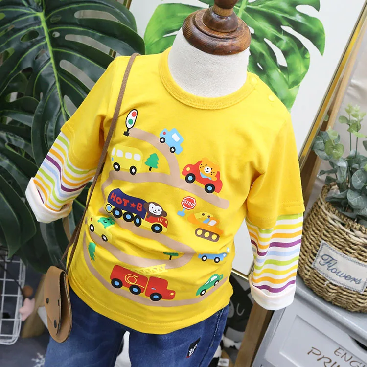 Childrenswear Spring New Style Cartoon Printed Mock Two-Piece Child Long-sleeved T-shirt Children Long Sleeve 18092