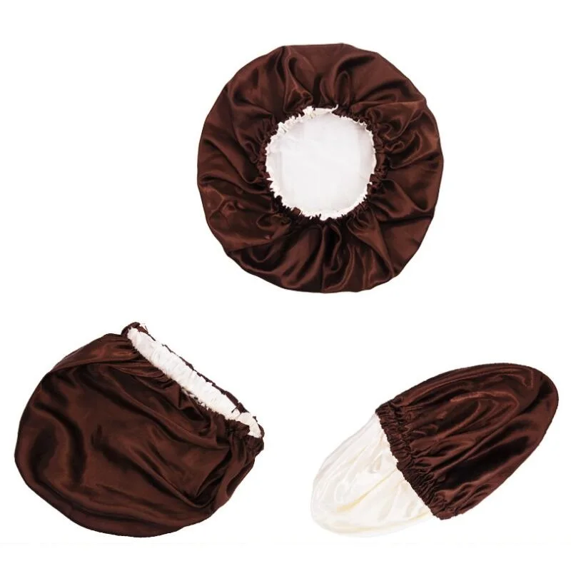 Solid Color Reversible Silky Satin Bonnet Double Layer Sleep Night Cap Head Cover Bonnet Hat Curly Springy Hair Black sleeping bonnet caps