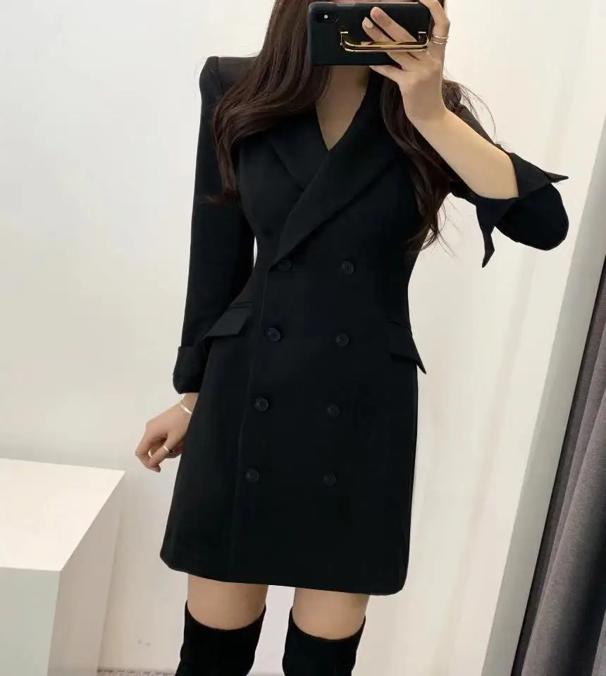 Spring And Autumn New Style South Korea Mid-length Slimming Slim Fit Small Suit Coat Double Breasted Long-sleeved Dress Wom