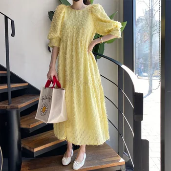 

Yellow Summer Dress Women O-Neck Loose Puff Sleeve Elegant Tassel Long Maxi Dress French Koean Vintage Party Dress Oversize A815