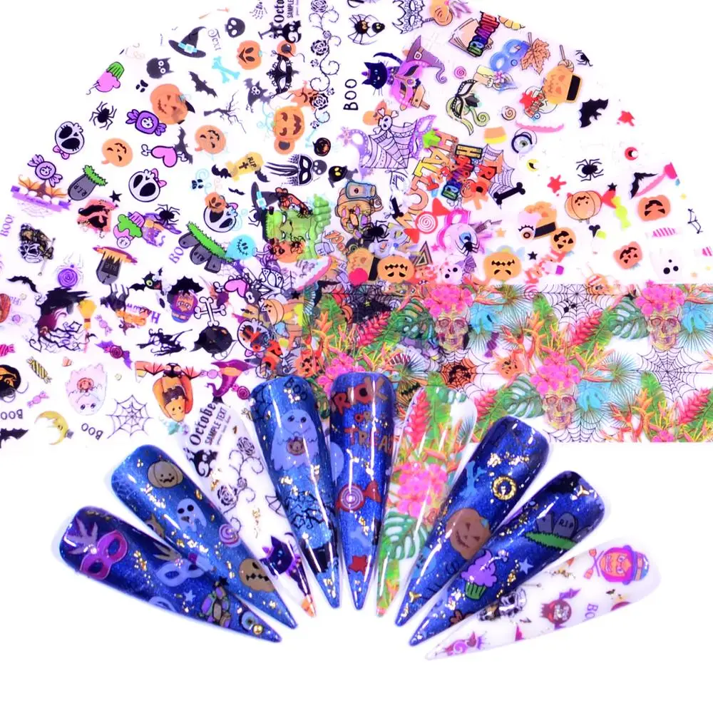 

10 PCS Halloween Series Nail Foils Stickers Mixed Pattern Pumpkin Decals Transfer Stickers DIY Nail Art Decoration Tool