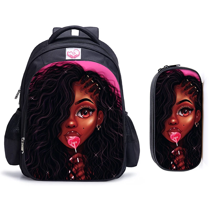 2pcs 029 16 дюймов афро леди девочка Африка девочки коричневые женские детские школьные сумки ортопедические школьный рюкзак для детей Mochila Infantil мультяшный чехол - Цвет: 2pcs 029