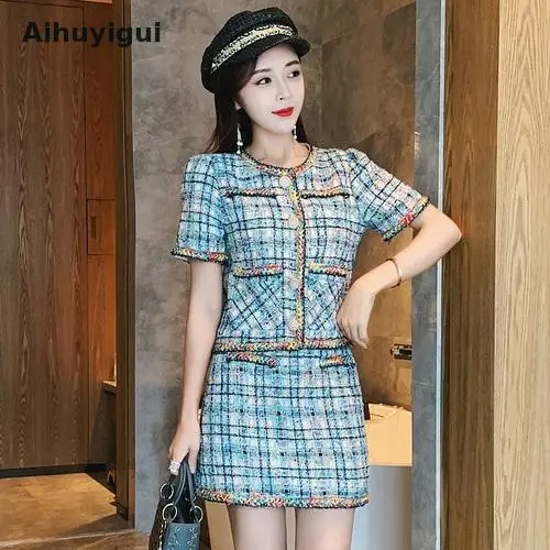

Aihuyigui Autumn Designer Runway Fashion Tweed 2 Piece Set Suit + Women Weave Plaid Short Jacket Coat Mini Pencil Skirt Dr592