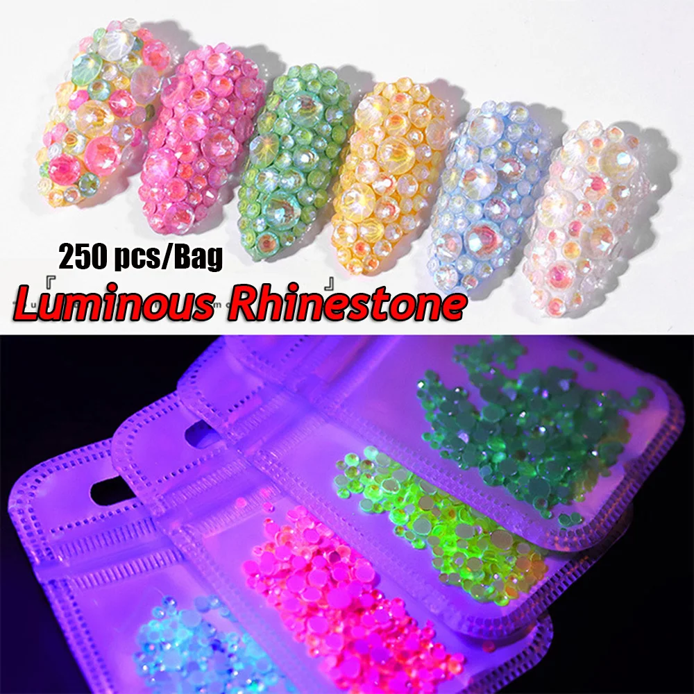 

250pcs Randomly Mix ss6-ss20 Fluorescent Crystal Luminous Non Hotfix Nail Neon Rhinestones Clothes Nail 3D Nail Art Decoration
