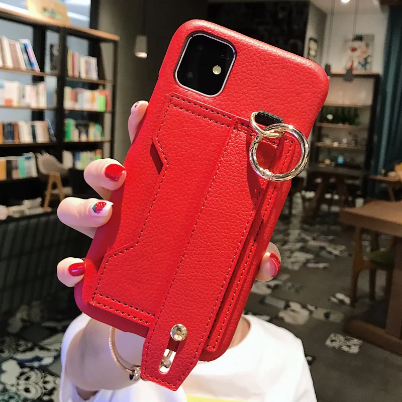 Роскошный держатель для карт чехол для iphone 6 7 8 Plus кожаный чехол-кошелек для iphone X XR XS Max 11 Pro Max ремешок на запястье Чехол Для Телефона - Цвет: Красный