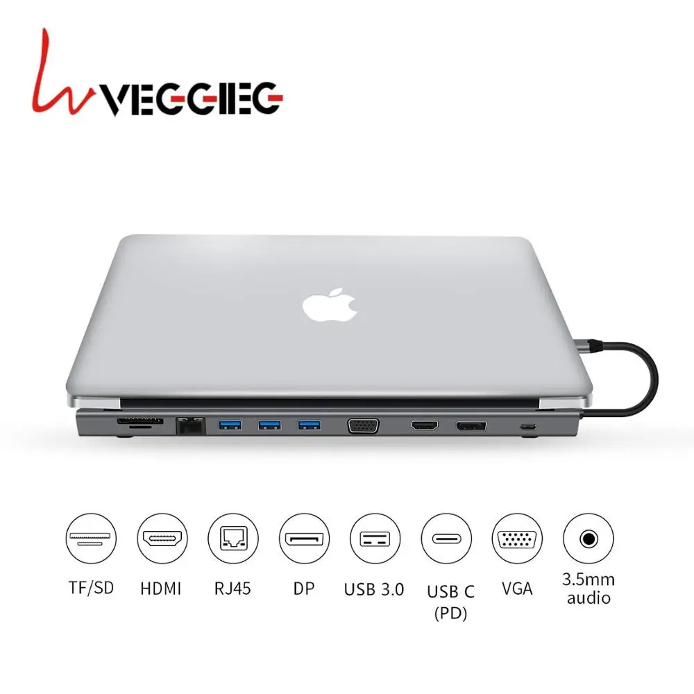 Veggieg USB C концентратор, 11 в 1 USB C адаптер с 4K видео, гигабитная сеть, USB 3,0 порты, кардридер, и PD для MacBook, XPS