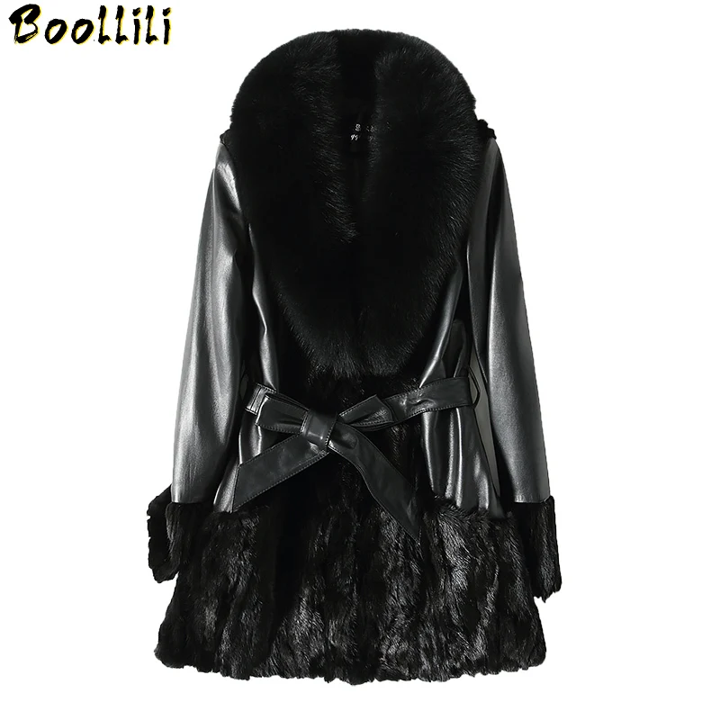 

Boollili Women Winter Real Fur Coat Mink Coats Patchwork Sheepskin Genuine Leather Jacket Natural Fox Fur Collar Plus Size