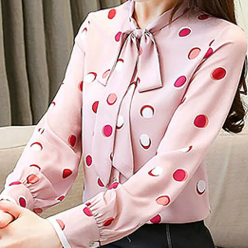 2019 Moda Outono Mulheres шифон Blusas Manga comprida лук Roupas Casuais Rosa Dot Топы |
