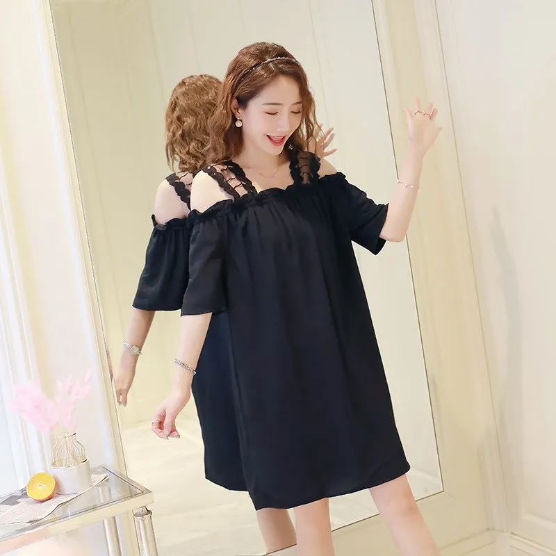 

2019 New Style Solid Color Hipster off-Shoulder Large Size Hot Mom Loose-Fit Dress Summer Maternity Clothes Fashion Mom Mid-leng