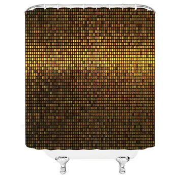 

Abstract Shower Curtain, Gold Disco Theme Pattern Squares Digital Effect Pixel Mosaic Geometric Design, Fabric Bathroom Decor