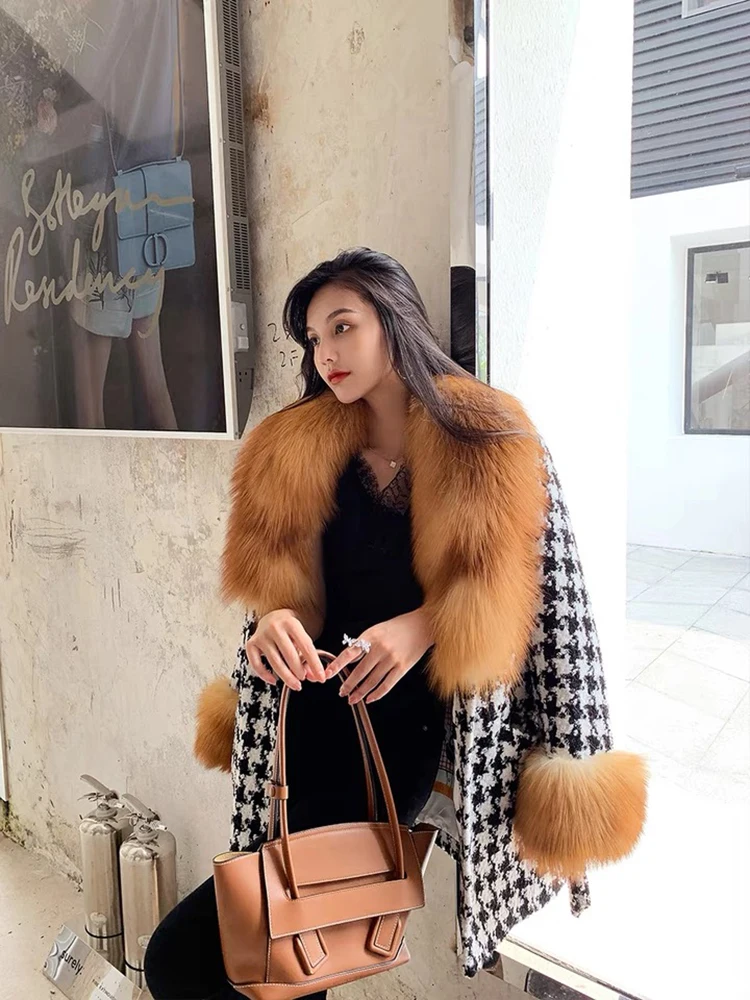 

New Arrival Winter Women Long Knitted Real Red Fox Fur Collar Warm Belt Long Slim Overcoat