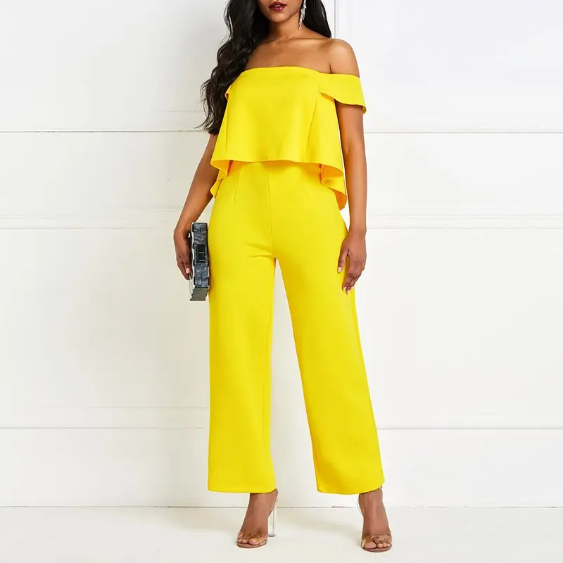 

Sexy Off Shoulder Wide Leg Jumpsuit Women Long Overalls Ruffle Party Stylish Backless Yellow High Waist Causal Jumpsuits Female