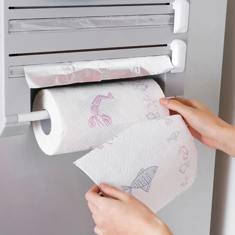 

Wall Mounted Paper Towel Rack Cling Film Holder Wrap And Tin Foil Dispenser Storage Shelf Kitchen Organizer Plastic Wrap Cutting