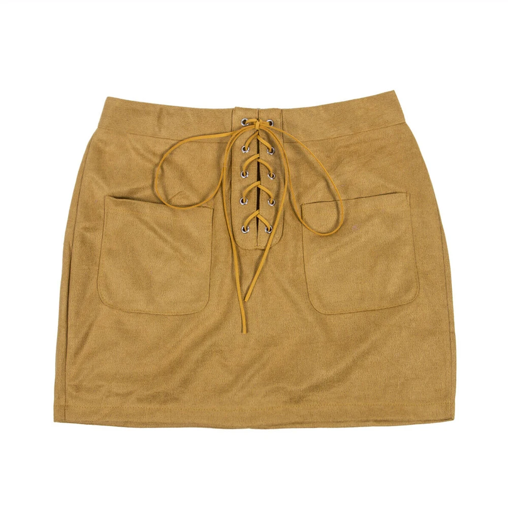Women Leather Suede Pencil Skirts Short High Waist Bandage Solid Bandcon Sexy Party Wear Mini Skirts Slim Outwear For Women