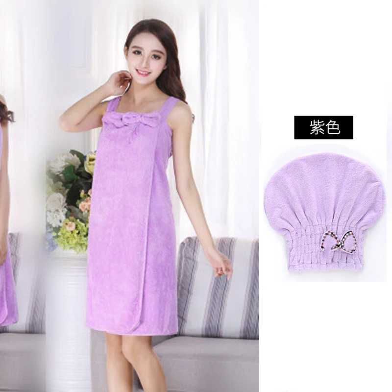 Purple with bath cap Банное полотенце для женщин, можно носить, можно обернуть банную юбку из нечистого хлопка, сухая шапочка для волос, два комплекта водопоглощения, не может быстро высушить волосы - Цвет: Purple with bath cap