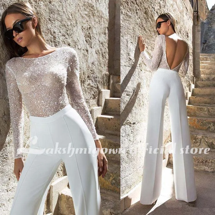 Jumpsuit Wedding Dresses Sheath Jewel Neck Bling Bling Sequins Long Sleeve Bridal Gowns Wedding Dress Vestido De Noiva 4