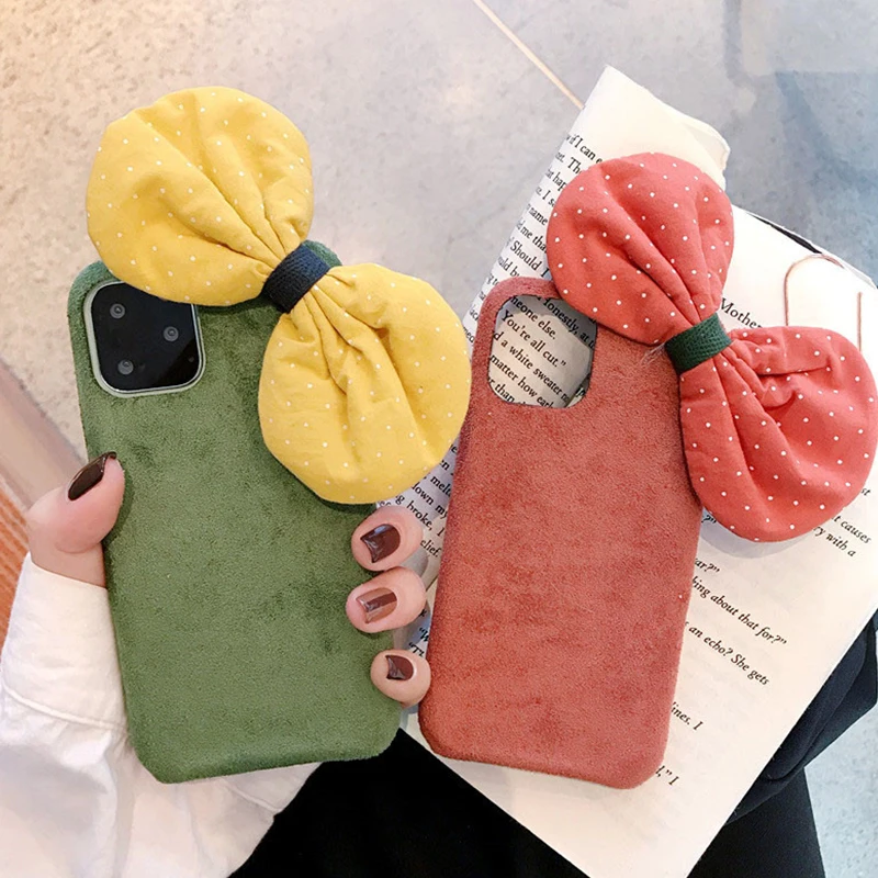 

NEW Autumn Winter Microfiber Phone Cases for Iphone 11 Pro Xs Max Xr 7 8 Plus X 11 Pro Max Case Girly Bowknot Back Cover Shell