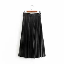 women black pleated PU leather skirts with belt ladies elegant streetwear retro female fashion office ladies maxi skirt