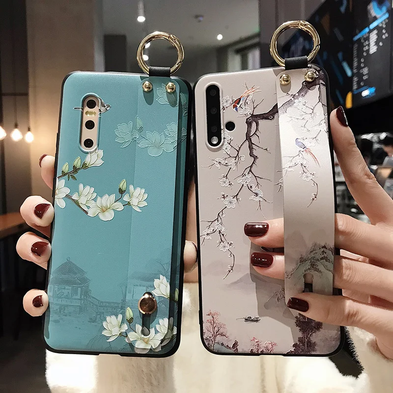 

Luxury Flower Wrist Strap Case Cover for Samsung S20 S10 S8 S9 S10E Note 10 Plus 9 8 Funda 3D Emboss Matte Soft TPU Shell Coque