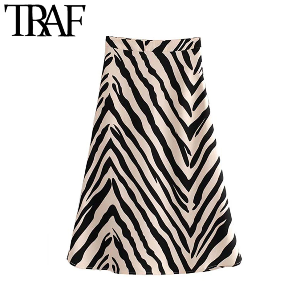 

TRAF Women Stylish Zebra Print Midi Skirt Vintage Fashion A Line Side Zipper Animal Pattern Ladies Skirts Chic Faldas Mujer