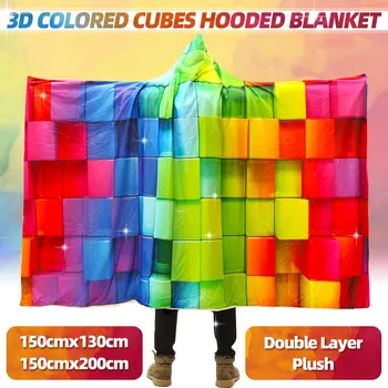 

Huge Warm 3D Colored Cubes Hooded Blanket Wearable Soft Towel Plush Mat For Adult Kid Bed Blankets Travel Camping Bedspreads