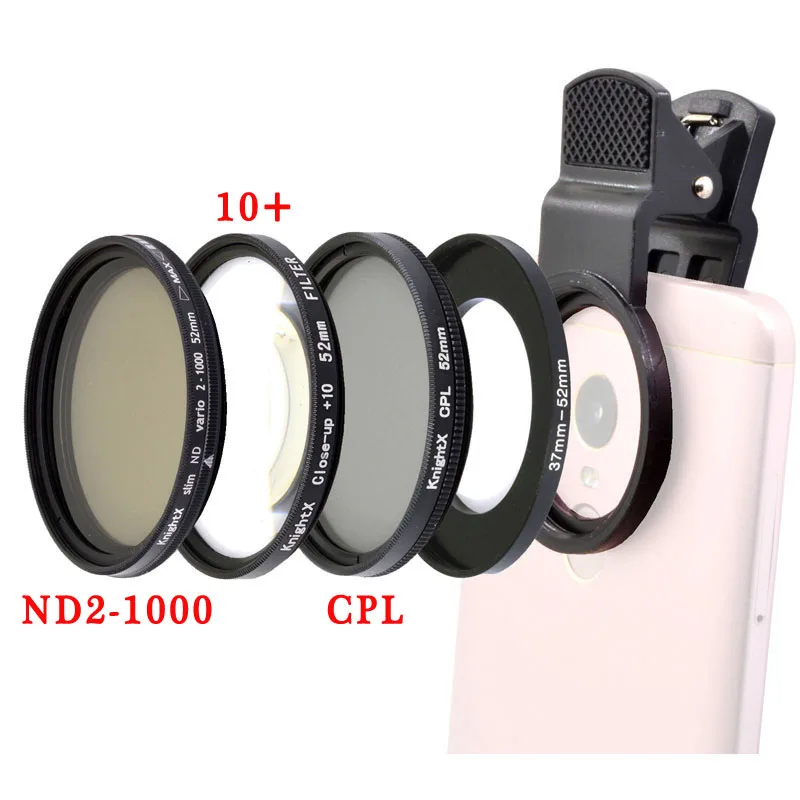 mobile phone lens kit KnightX 52MM Photography Camera  lens filter macro ND2-1000 variable Neutral Density Adjustable for any smartphone mobile phone wide lens for mobile Lenses