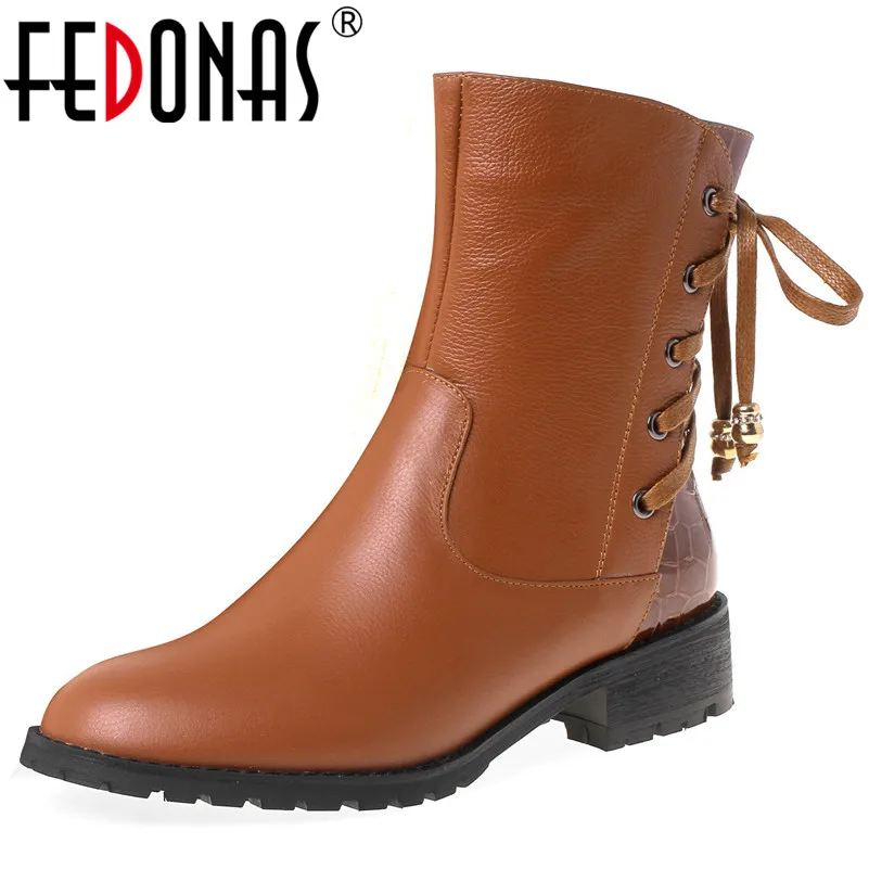 

FEDONAS Female Comfortable Big Size Western Boots Genuine Leather Cross Tied Women Ankle Boots Night Club Shoes Woman Warm Boots