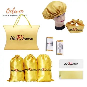 

Custom Logo Women Virgin Hair Bundle Packaging Satin Bags/Edge Head Scarf/Hang Tag/ Hair Bundle Wrap Sticker/Bonnets For Wigs