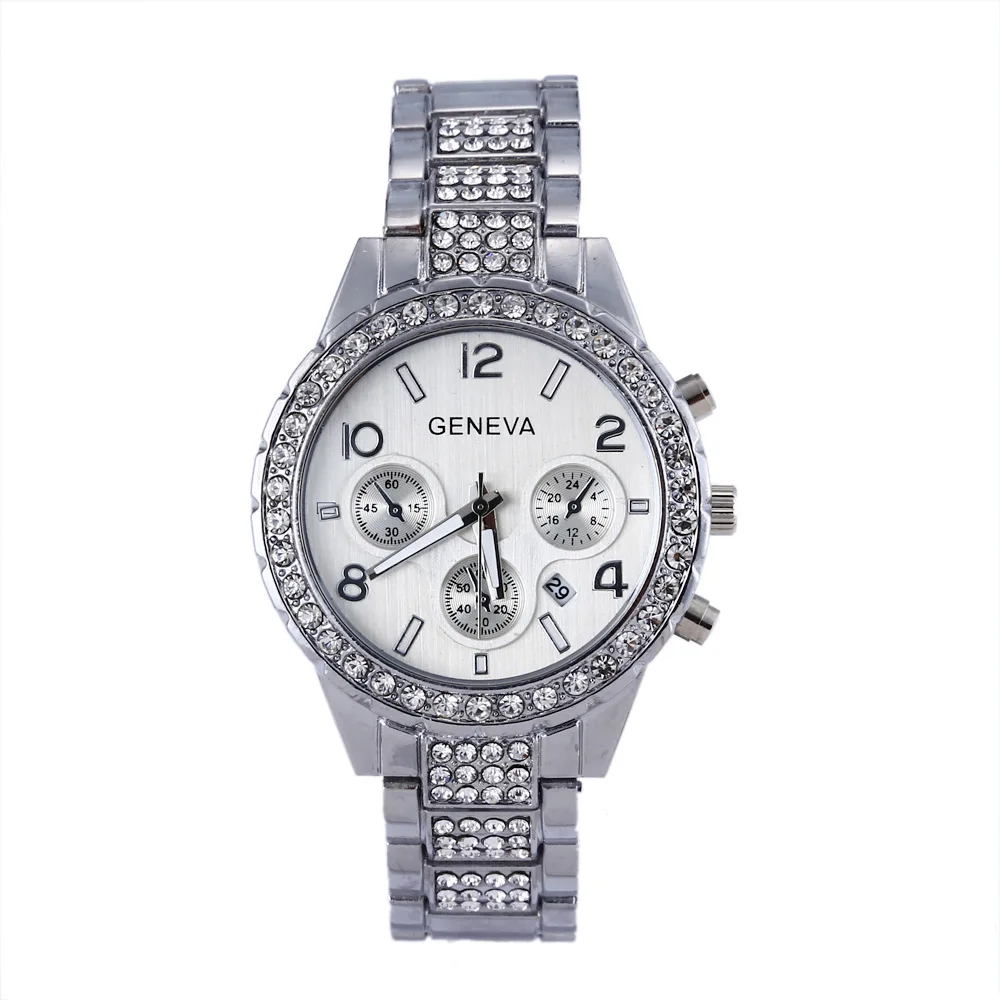 

Hot Sales Geneva Diamond Set Single Calendar Three-Eyed Business Watch for Both Men And Women Top Grade Alloy Steel Belt Watch