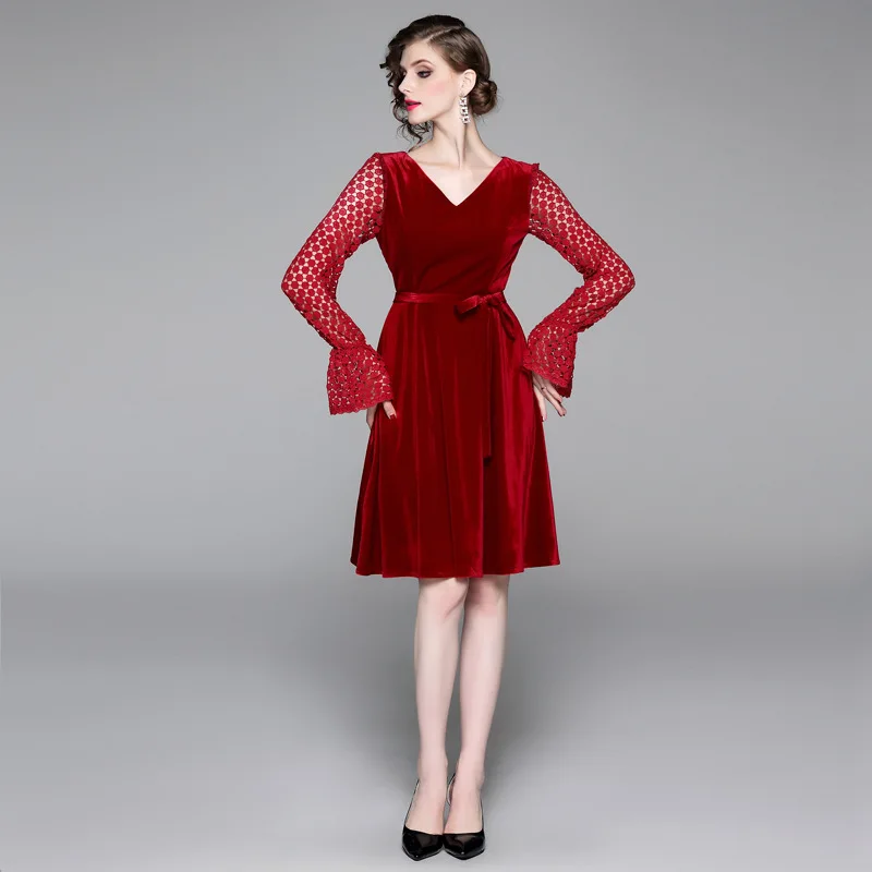 

2019 Autumn And Winter New Style Fashion Velvet Joint Lace Waist Hugging Slimming Elegant Formal Dress Women's Europe And Americ