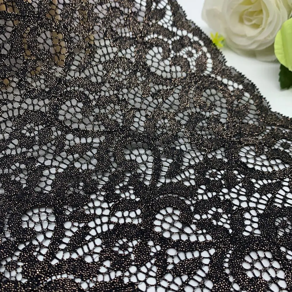 3y/lot Width 24.50cm Black Shiny Foil Elastic Stretch Lace Trims Skirt Hem For Clothing Dress Sewing Applique Costume Metallic 2