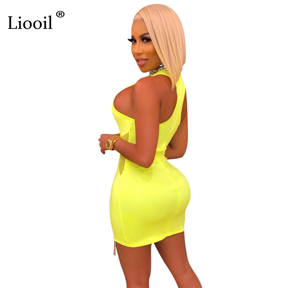 Liooil Mesh Tassel сексуальное облегающее мини-платье на бретелях Женская одежда для спортзала без рукавов неоновые оранжевые желтые вечерние облегающие платья