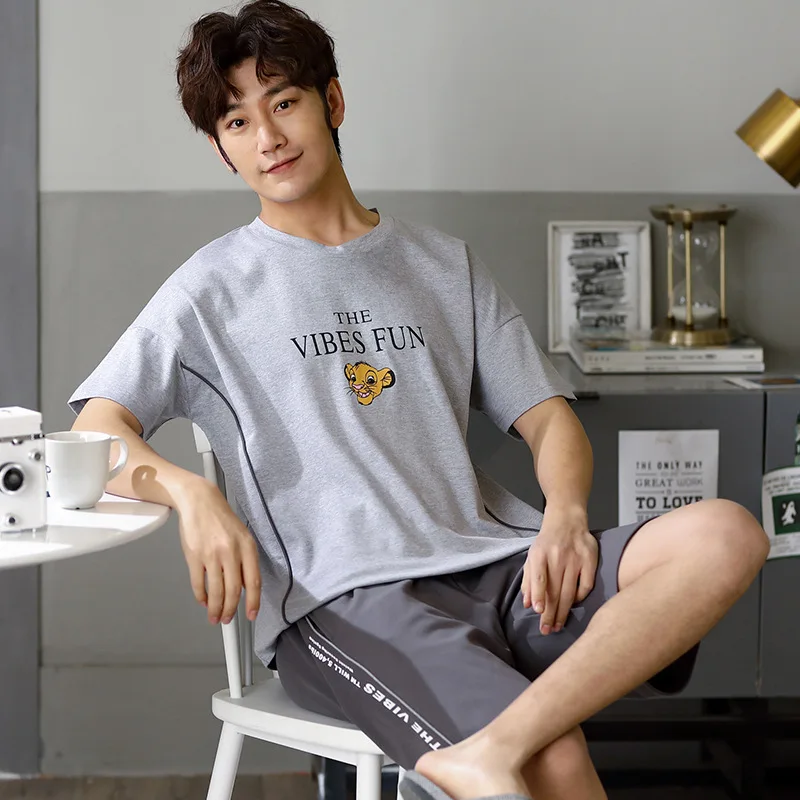 

2020 Pajamas MEN'S Short Sleeve Pure Cotton Summer Men Pure Cotton Large Size Casual Comfortable Pajamas Homewear Set