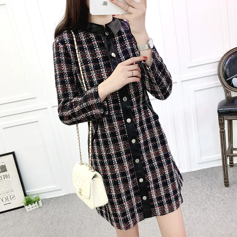

2019 Autumn and Winter Style Braided Tweed Dress Retro Pattern Single Row Buckle Leather Lapel A-shaped Fashion Black Dress