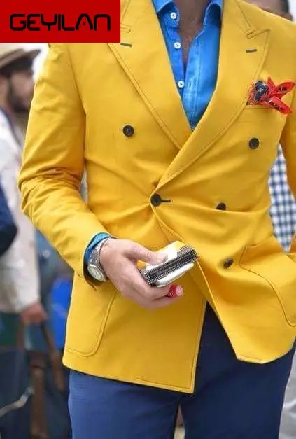 

2019 Latest Coat Pant Designs Yellow Men Suits Double Breasted Custom Casual Prom Street Suits Men 2 Pieces Ternos Jacket+Pants