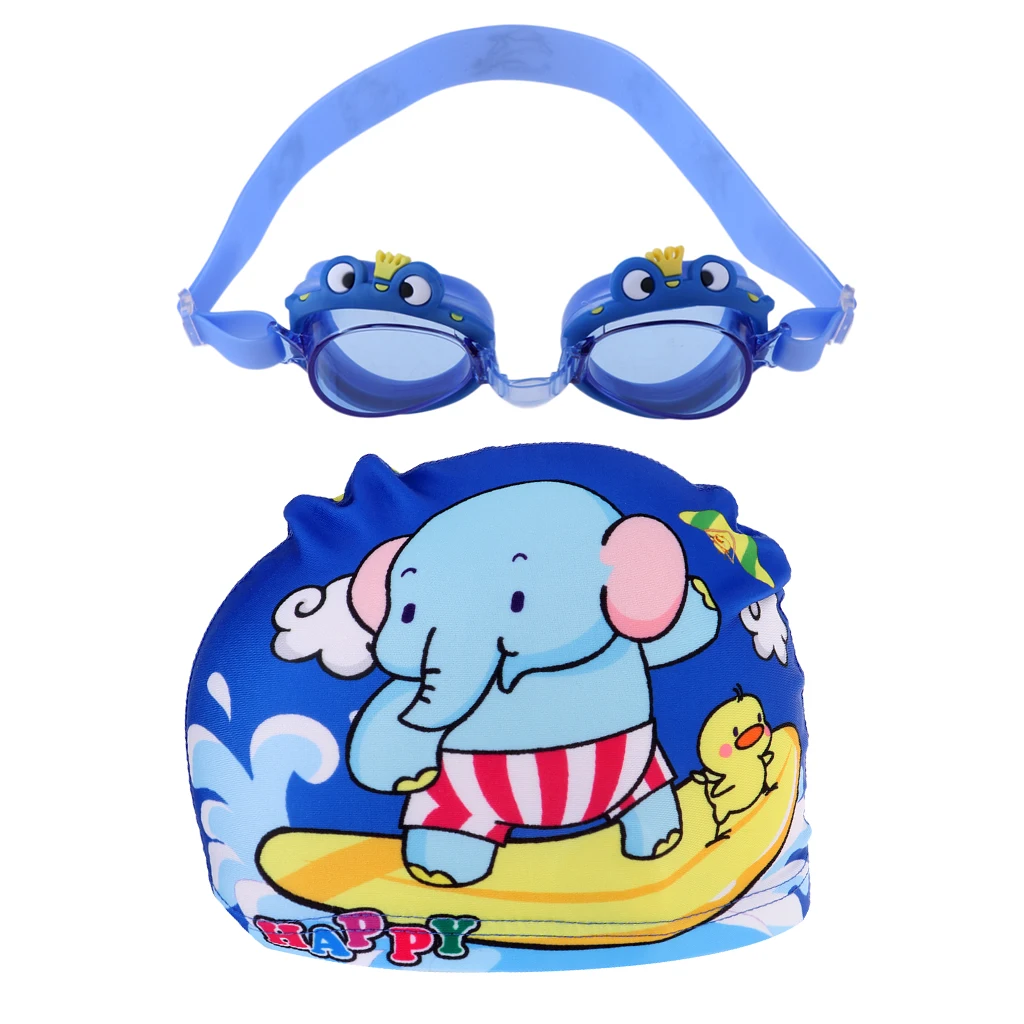 Anti-Fog Swimming Goggles age 4-12 + Cute Swim Cap + Ear Plugs for Kids Girls Boys Adjustable Strap Swim Glasses