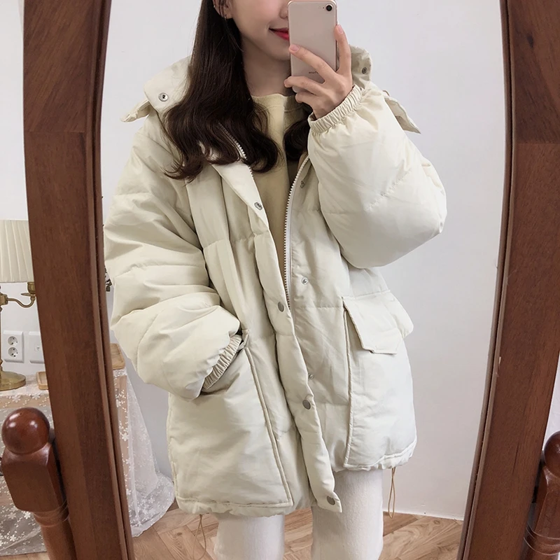 white coat women RICININA, зимняя парка, женские куртки, женские куртки с отворотом, пуговицами, карманами, одноцветные, повседневные женские пальто и куртки, плотное Женское пальто - Цвет: white coat women