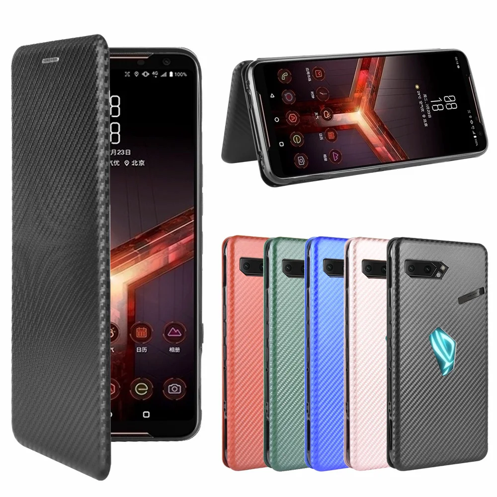 For Asus ROG Phone II ZS660KL Case Carbon Fiber Flip Leather