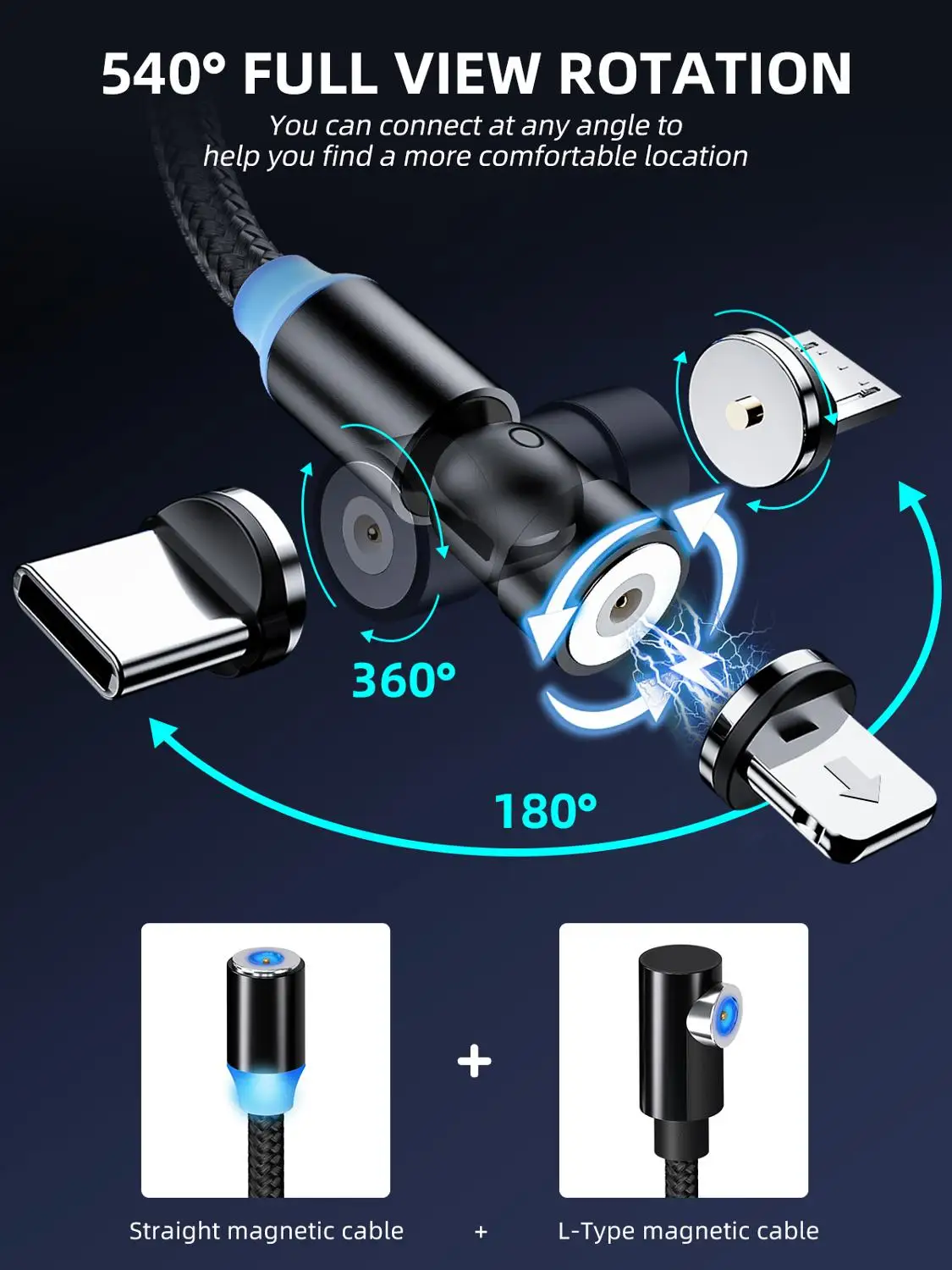 ANMONE Magnetic Charging 540 Degree Rotate Wire Usb Type-C 1m 2m 3 in 1 Charger Cord Magnetic Cable Type C Micro USB Cable ► Photo 2/6